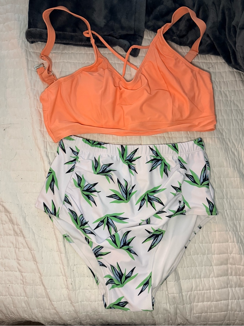 Coral Two-Piece Style Swimsuit with Green Leaf Print
